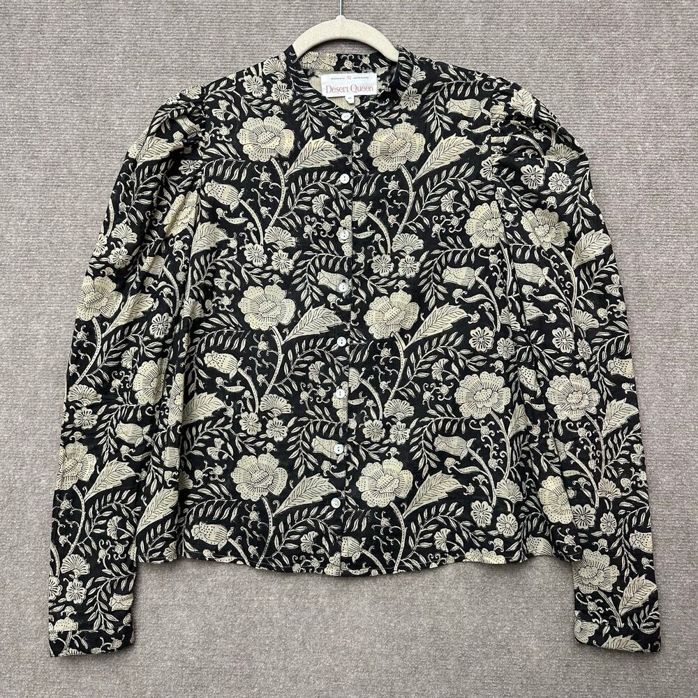 Desert Queen Black White Floral Block Print Puff Sleeve Button Down Top Sz 36 Sm